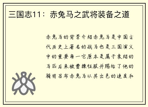三国志11：赤兔马之武将装备之道