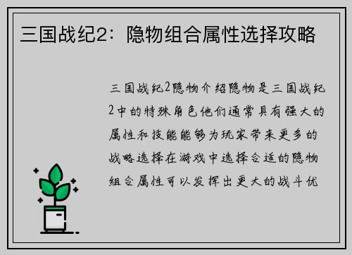 三国战纪2：隐物组合属性选择攻略